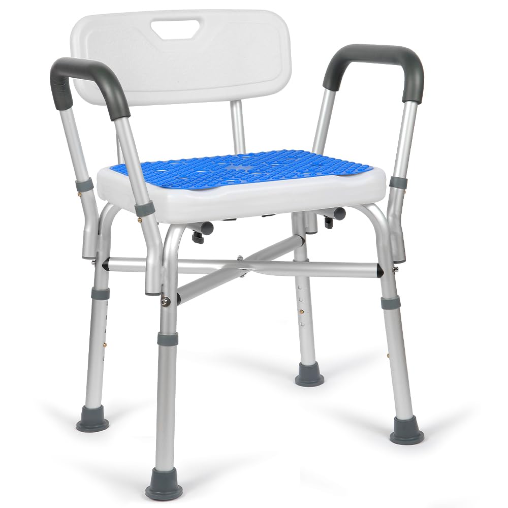 TABEKE Adjustable Shower Chair with Arms and Back Support - Non-Slip Bath Seat for Elderly & Disabled - Sturdy Cross Bar Design with Silicone Seat Pad - Ideal for Bathroom Safety & Assisted Showering