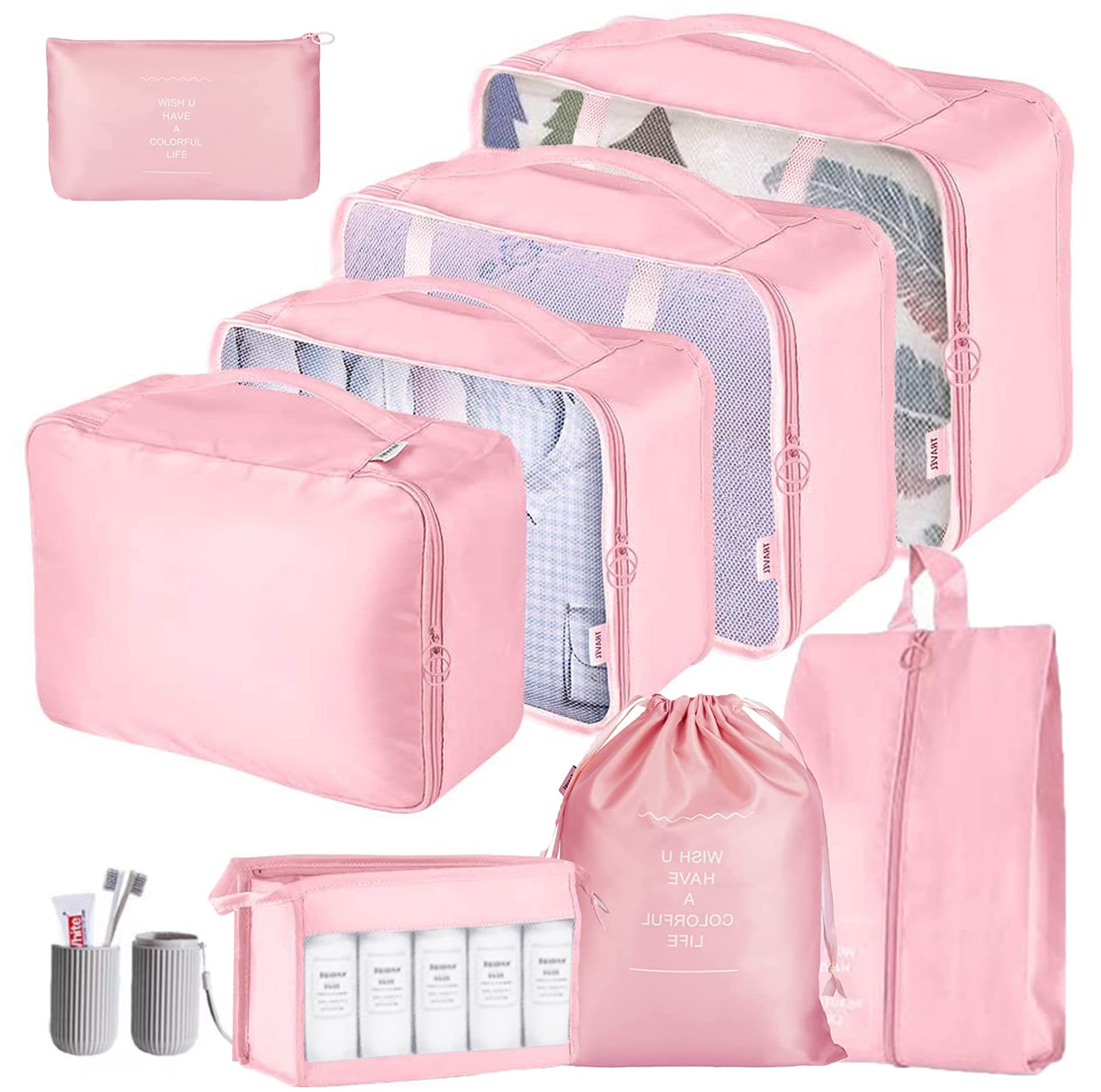 9-Piece Waterproof Packing Cubes Set for Travel - Luggage Organizer Bags for Clothes, Shoes, Cosmetics & Toiletries (Pink) - Perfect for Suitcase Organization & Efficient Packing