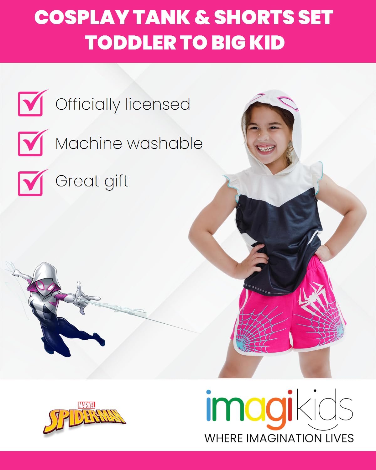 Spider-Man Girls Cosplay Outfit Set - Tank Top & Dolphin Shorts (2T-16) | Marvel Superhero Costume for Toddler to Big Kid | Dress-Up, Halloween, Birthday Party