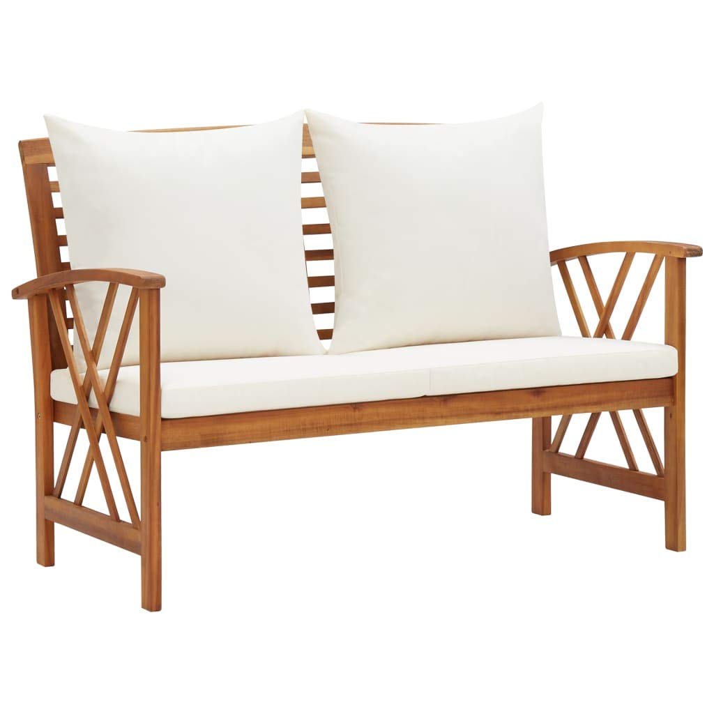 Esenlong 2-Seater Outdoor Garden Bench with White Cushions - Solid Acacia Wood Patio Furniture with Backrest - Perfect for Terraces, Swimming Pools, Parks & Lawns - Ideal for Relaxation, Sunbathing & Outdoor Gatherings
