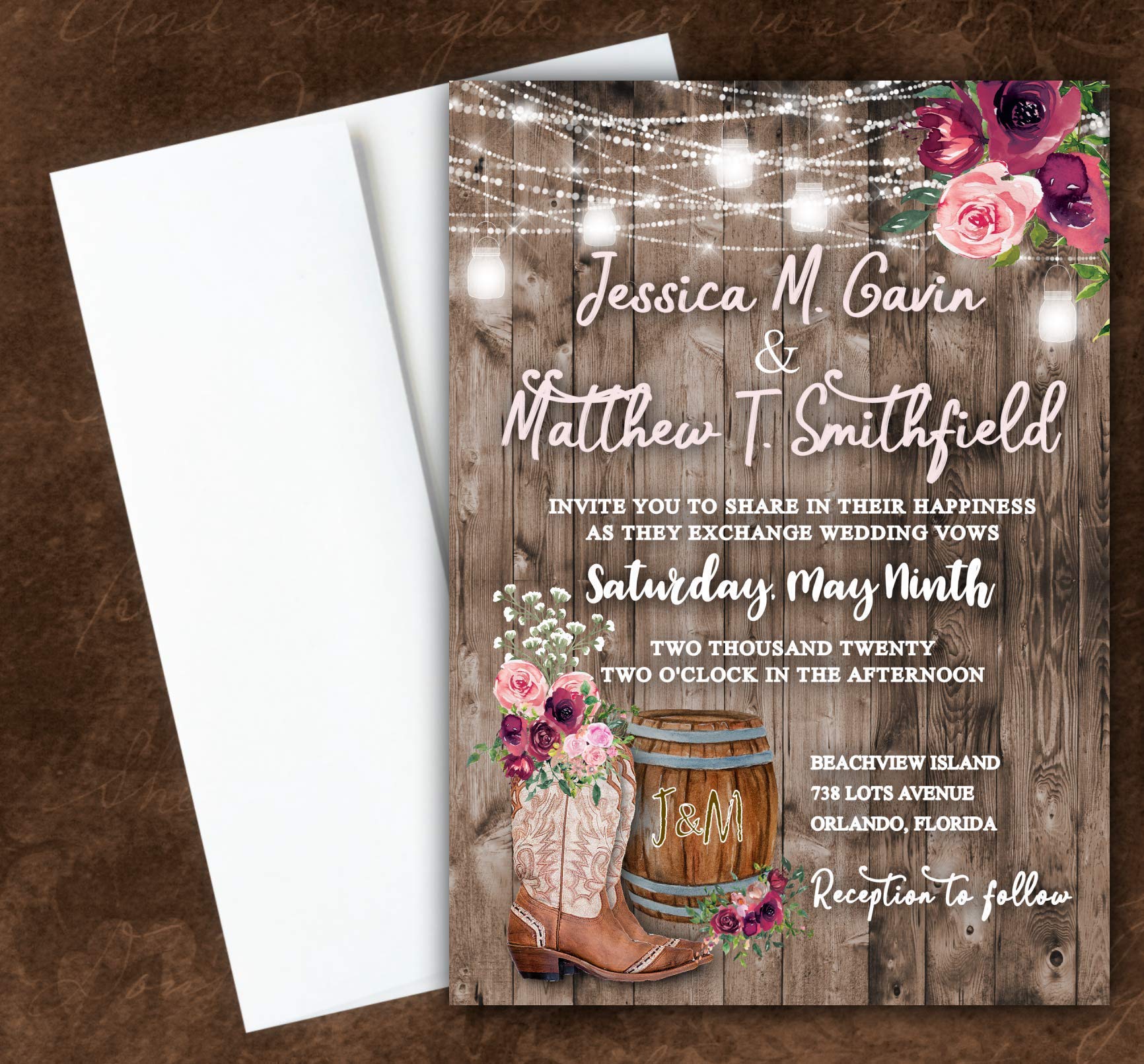 Country Barn Pink Rustic Wedding Invitations Set of 50 With White Envelopes - Cowgirl Cowboy Theme Western Wedding Stationery for Barn Weddings, Country Themed Events & Anniversary Celebrations