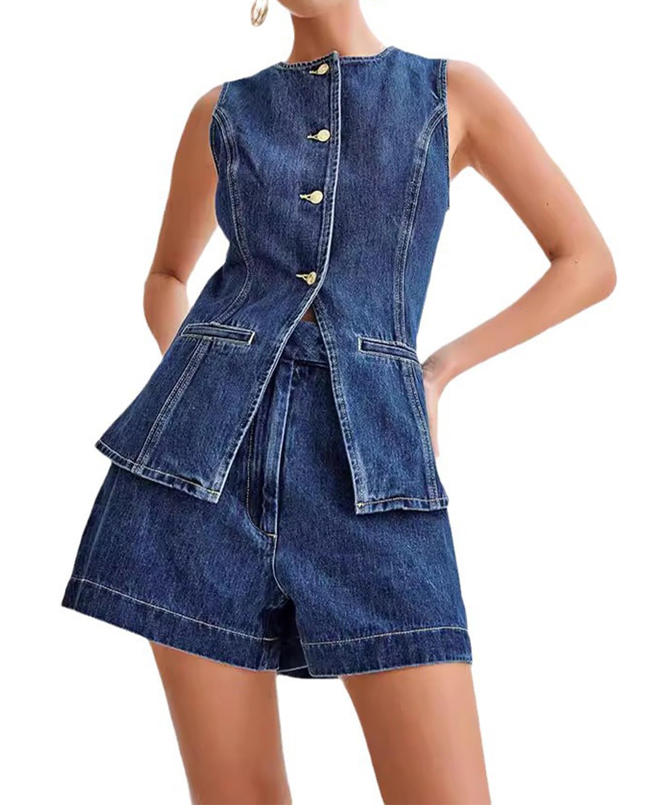 NIFTRIRY Women's Summer Denim Two-Piece Set - Vest & Top Outfit for Casual Wear | Perfect for Beach, Travel & Everyday Fashion