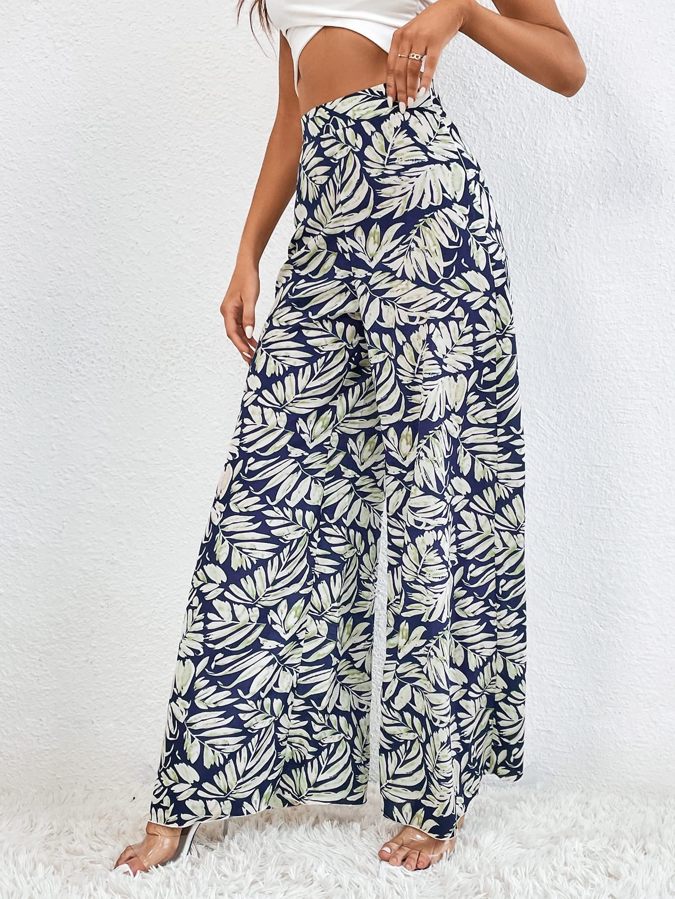 WDIRARA Women's Tropical Print High Elastic Waist Wide Leg Loose Pants - Comfortable Summer Beachwear & Casual Lounge Trousers