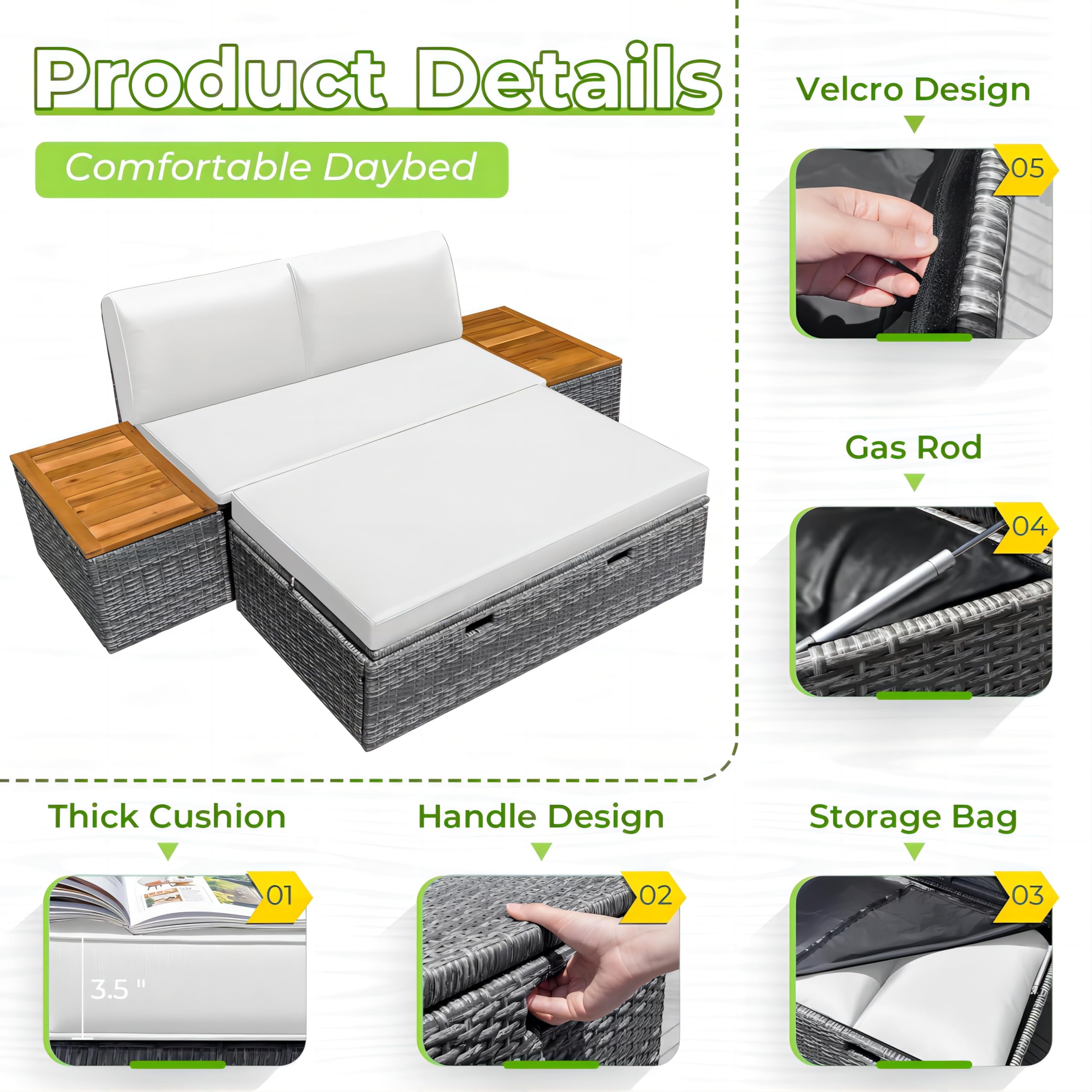 Greesum Outdoor Daybed Set - Multifunctional Wicker Lounge Bed with 2 Side Tables, Cushions & Storage Bench - White Patio Furniture for Porch, Lawn, Garden, Beach & Poolside Relaxation
