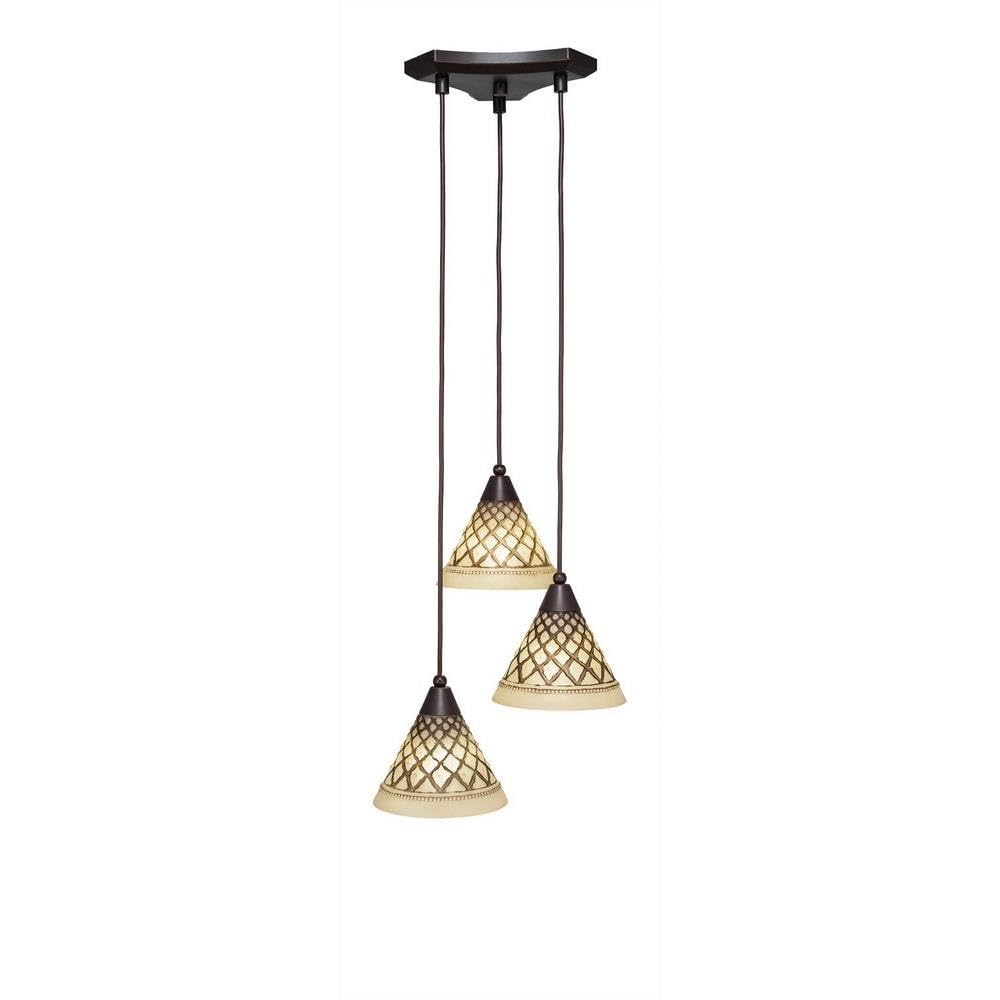 Toltec Lighting Europa 3-Light Mini Pendant with Chocolate Icing Glass - 7 Inch Dark Granite Finish for Kitchen Island, Dining Room or Entryway Lighting