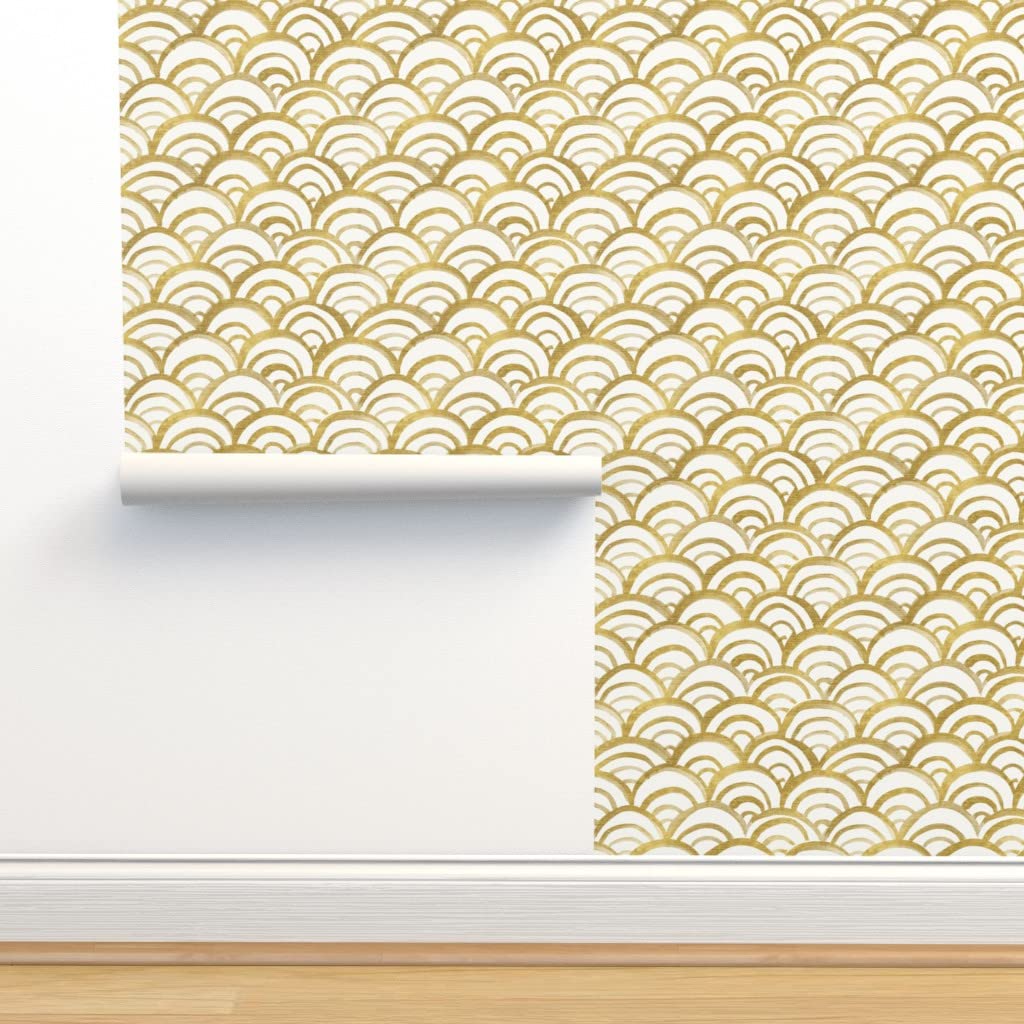 Peel & Stick Wallpaper 9ft x 2ft - Mermaid Gold Scallop Pattern, Removable Self-Adhesive Wallpaper for Bedroom, Living Room, Nursery & Office Decor | Spoonflower Collection
