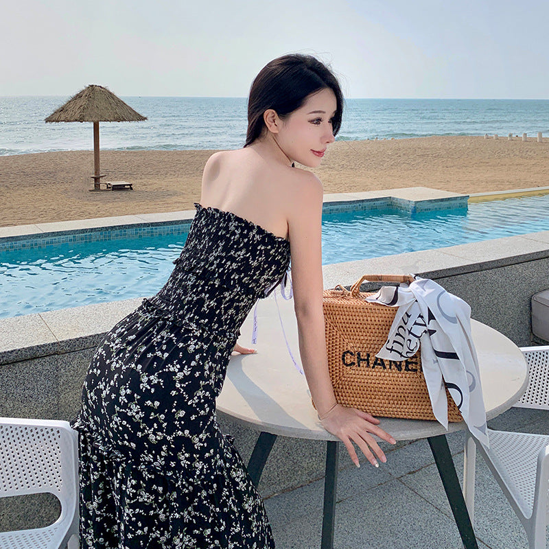 Floral Print Black Spaghetti Strap Summer Maxi Skirt with High Slit - Elegant Beach Dress for Vacation, Date Night & Party Wear