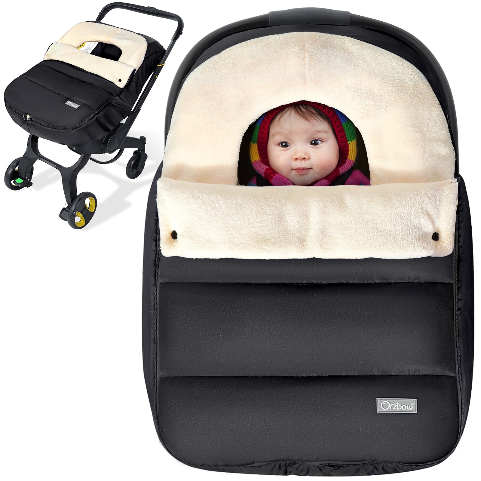 Orzbow Universal Baby Car Seat Cover - Waterproof & Warm Coral Fleece with Adjustable Collar, Zipper Closure - Detachable & Machine Washable Winter Car Seat Protector for Infants (Black) - Perfect for Cold Weather & Daily Commute