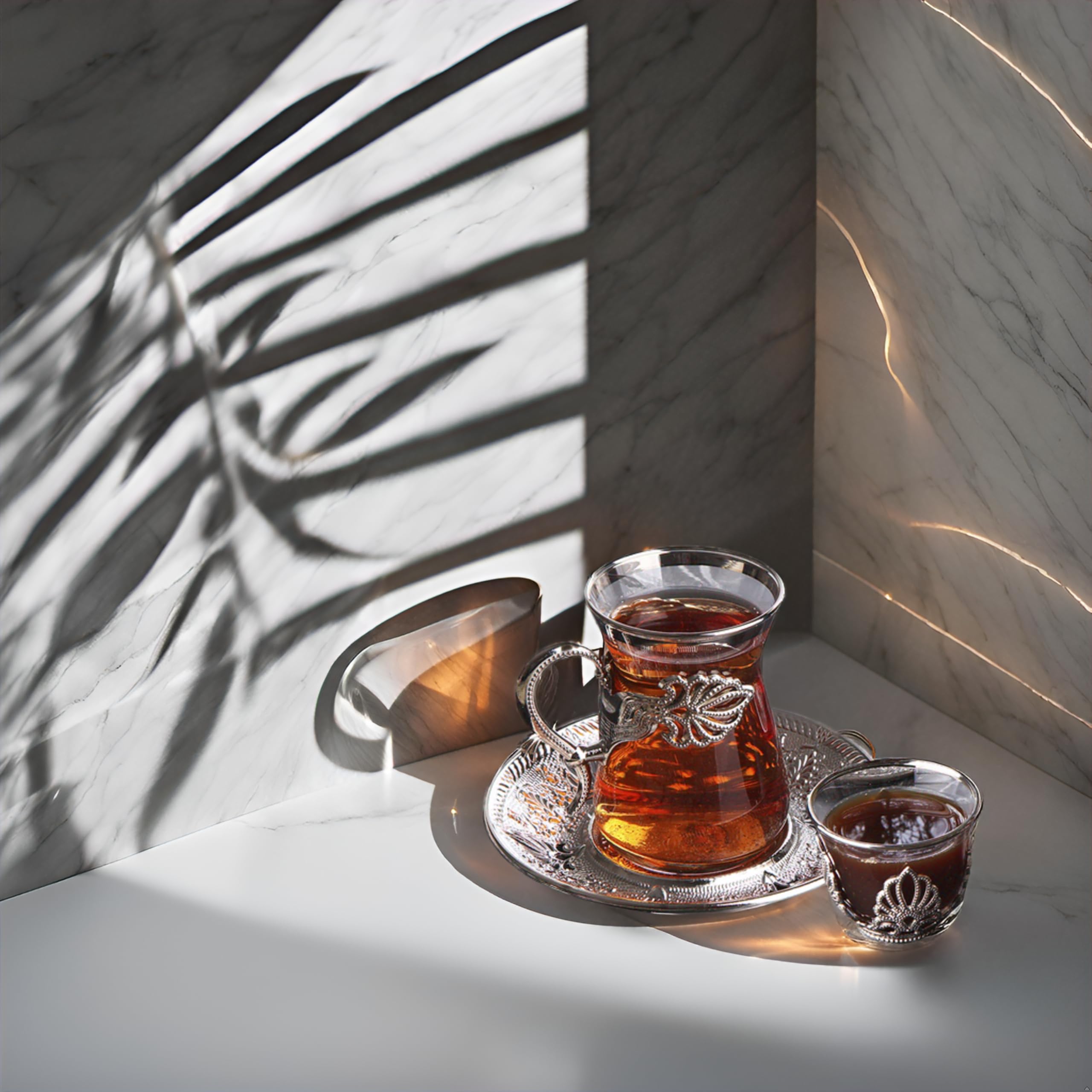 LaModaHome Turkish Arabic Tea Glasses Set of 6 with Silver Holders, Mırras & Saucers - Handmade Vintage Tea Set for Gift, Afternoon Tea & Middle Eastern Tea Ceremonies