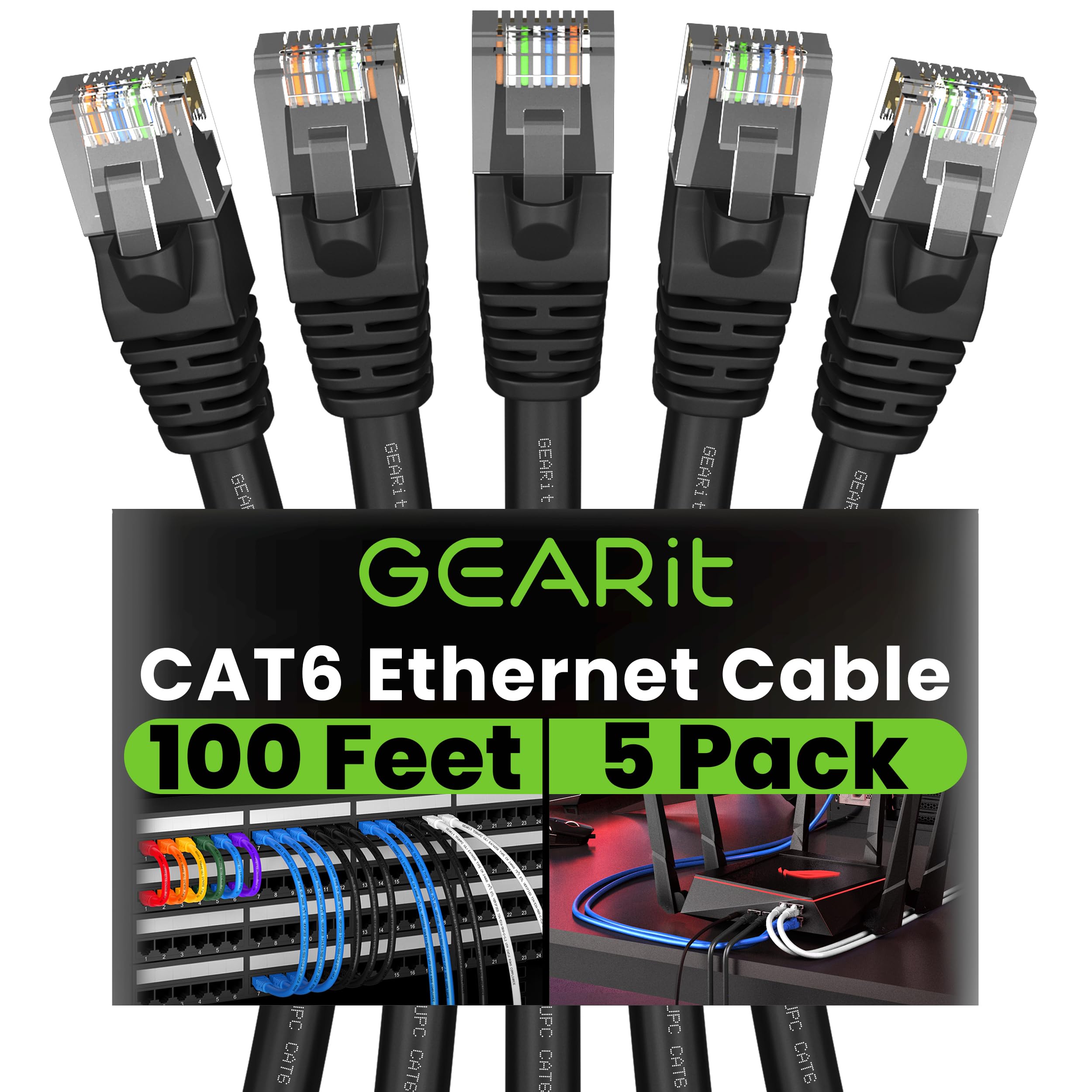 GearIT Cat 6 Ethernet Cable 5-Pack (100 Feet Each) - 10Gbps High-Speed Snagless RJ45 Network Patch Cord with Gold-Plated Connectors - Ideal for PC, Gaming, Smart TV, Home Office, Router, Printer & Data Center - Black