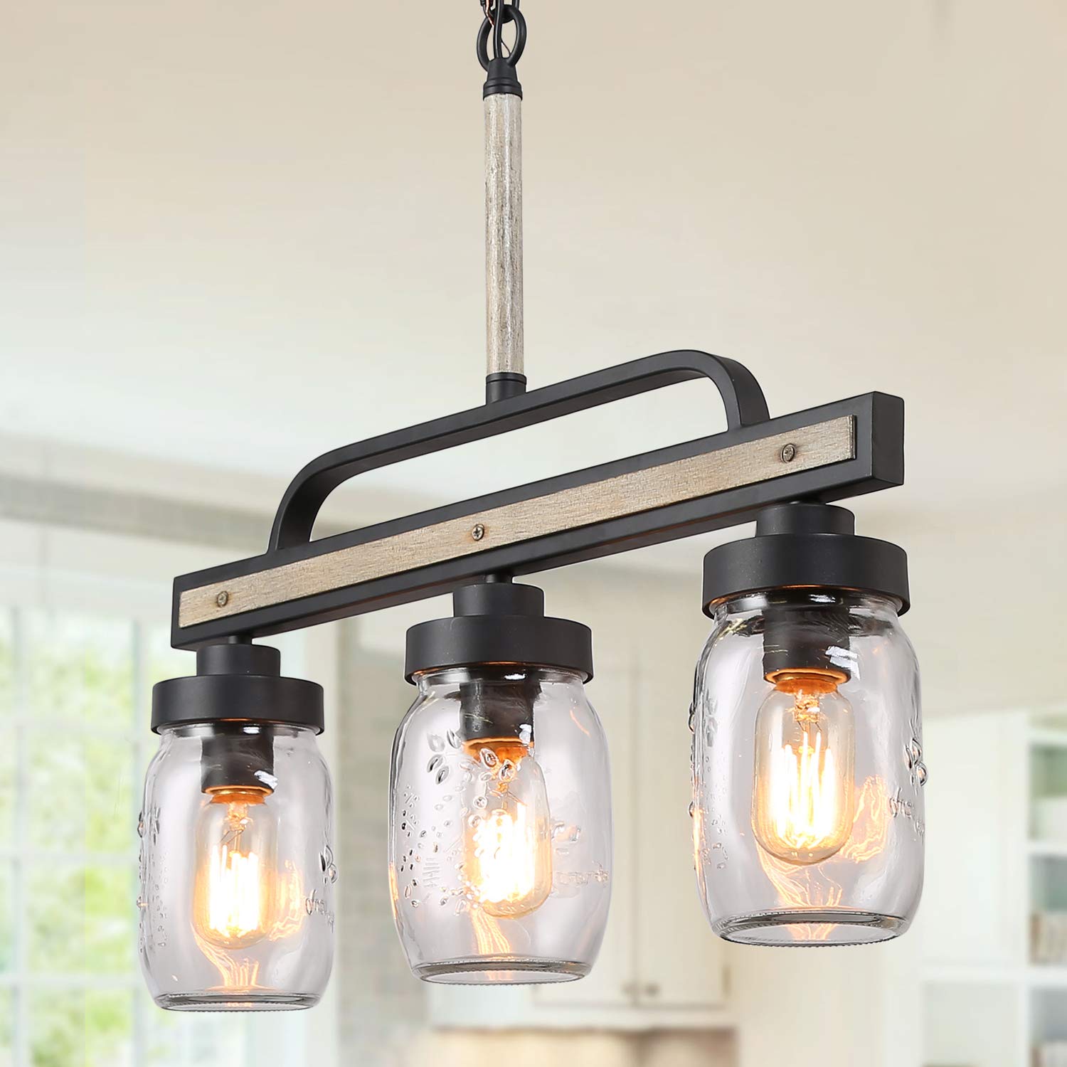 Rustic Mason Jar Chandelier - Farmhouse Lighting with Metal Finish & Glass Pendant for Dining Room, Kitchen Island - Perfect for Country Style Home Decor & Cozy Dining Ambiance
