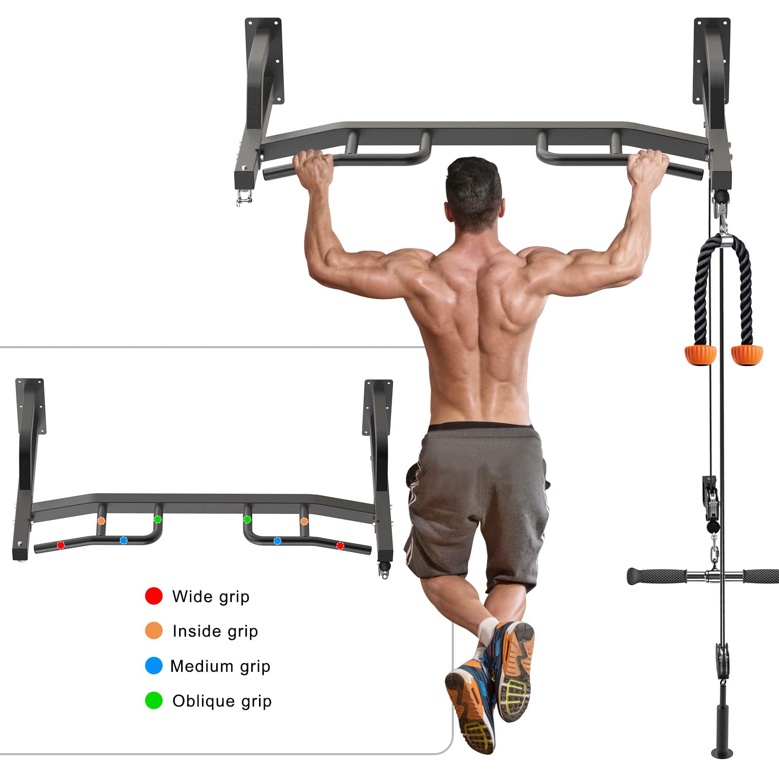 Kipika 48-Inch Wall Mounted Multi-Function Gym Cable Pulley System with Pull Up Bar & LAT Pulldown Attachments - DIY Home Gym Equipment for Strength Training, Punching Bag Hanger - Perfect for Home Workouts, Garage Gyms & Functional Fitness Training