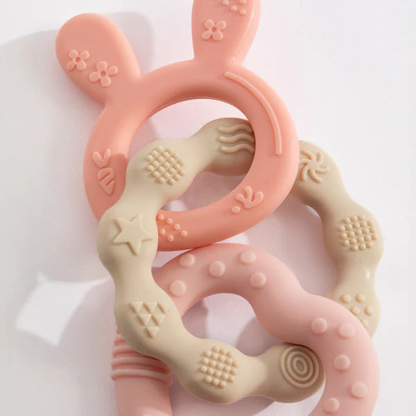 Soft Silicone Bunny Teether Rings for Babies - BPA-Free, Soothing Pink Chew Toy for Teething Infants - Perfect for On-the-Go, Playtime & Nursery Use