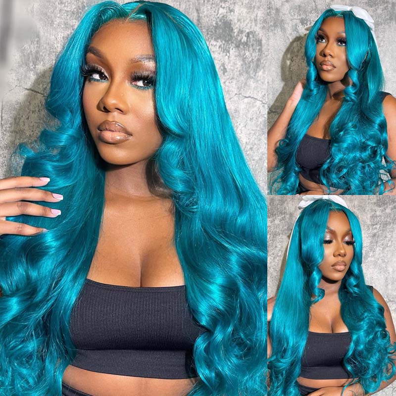 Eullair Turquoise Green Layered Cut Body Wave Wavy Wig with Curtain Bangs - Pre-Colored Glueless Human Hair Lace Frontal Wig for Cosplay, Halloween & Daily Fashion