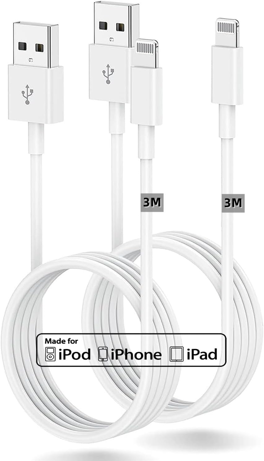 Apple Certified 2-Pack 10ft iPhone Charger Cable - 3M Long Lightning USB Charging Wire for iPhone 14/13/12/11/SE, iPad - Perfect for Home, Office & Travel Charging