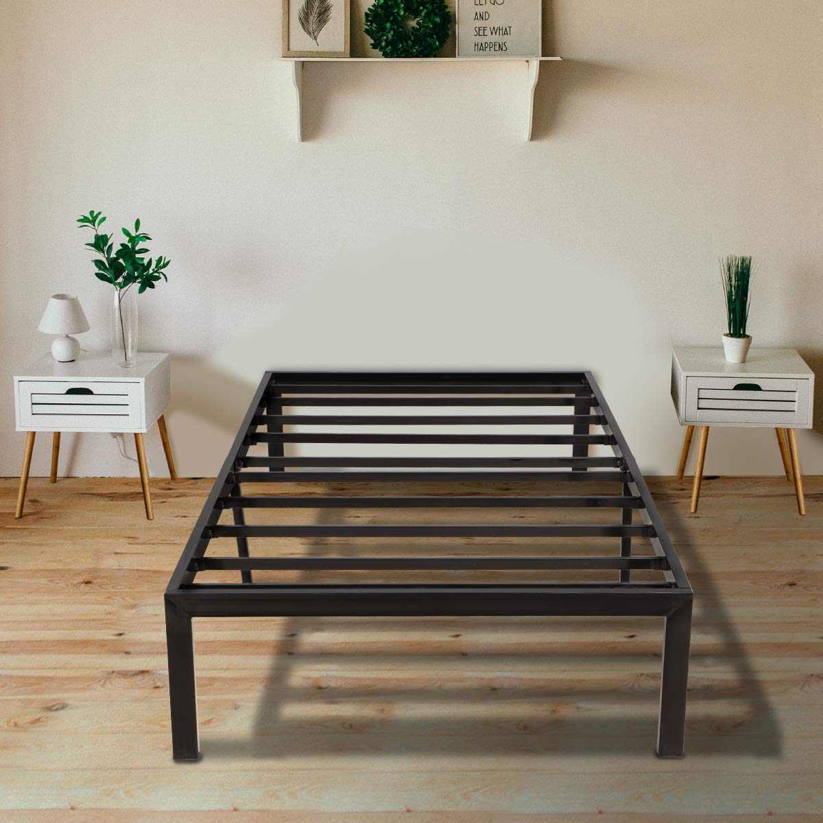 14 Inch Twin Bed Frame with Storage - Heavy Duty Metal Platform Bed, No Box Spring Needed, Steel Slats & Anti-Slip Support - Easy Quick Lock Assembly for Small Spaces, Guest Rooms & Kids Bedrooms