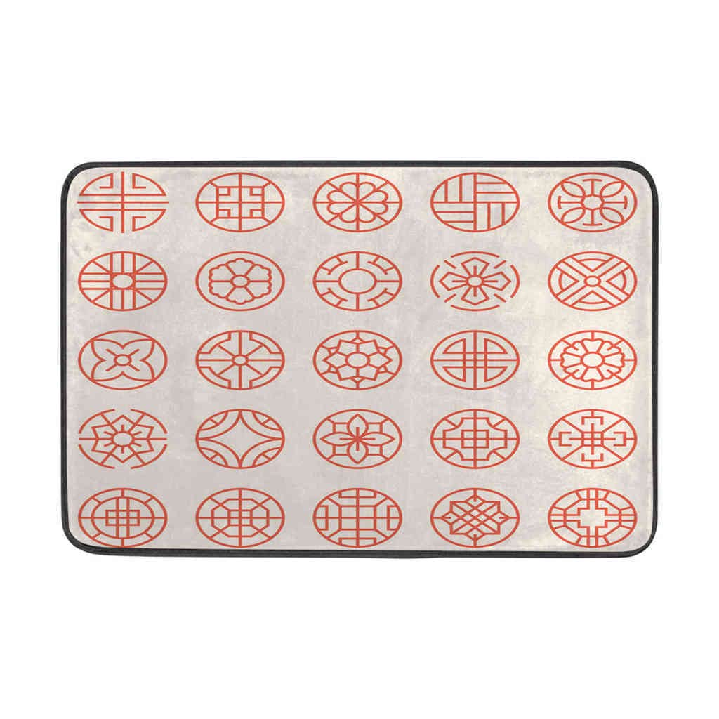 2Pcs Korean & Asian Traditional Circle Pattern Waterproof Shower Curtain Set with Bath Mat & 12 Hooks - 72x72 Inch, Red - Elegant Bathroom Decor for Home, Spa & Hotel Use