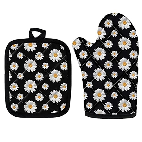 Heat Resistant Oven Gloves - Microwave Safe, BBQ & Grilling Mitts with Daisy Print - Kitchen Cooking & Baking Accessories - Perfect for Baking, Grilling, and Handling Hot Dishes