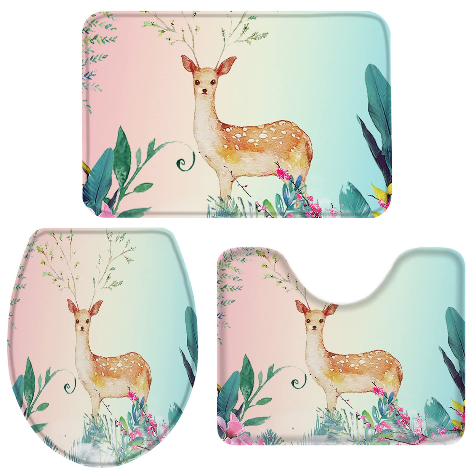 BRINGMEHOME 3-Piece Christmas Themed Bathroom Rug Set - Elk & Spring Flowers Print Non-Slip Contour Rug, Pedestal Mat & Toilet Lid Cover | Soft Absorbent Bath Mats for Holiday Decor & Cozy Home