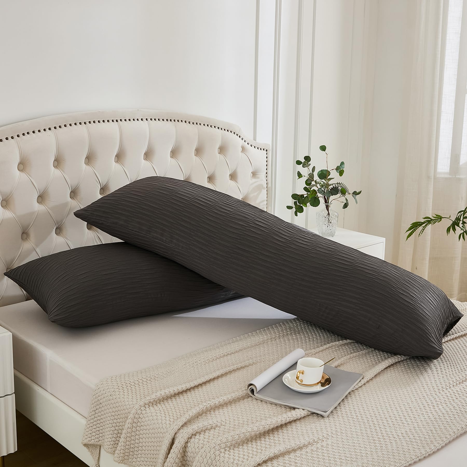 Seersucker Crinkle Textured Body Pillow Covers - 2 Pack Soft Lightweight All-Season Pillow Cases (20x54 Inches, Gray) for Bedroom, Couch, Sofa & Travel Comfort