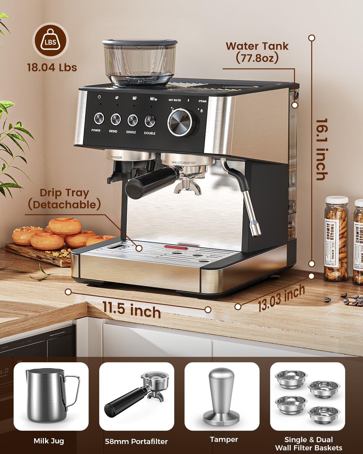Professional 20 Bar Espresso Machine with Built-in Grinder & Milk Frother Steam Wand - Removable Water Tank for Easy Cleaning - Perfect for Home Baristas Making Cappuccino, Latte & Espresso - Ideal for Kitchens, Offices & Coffee Shops