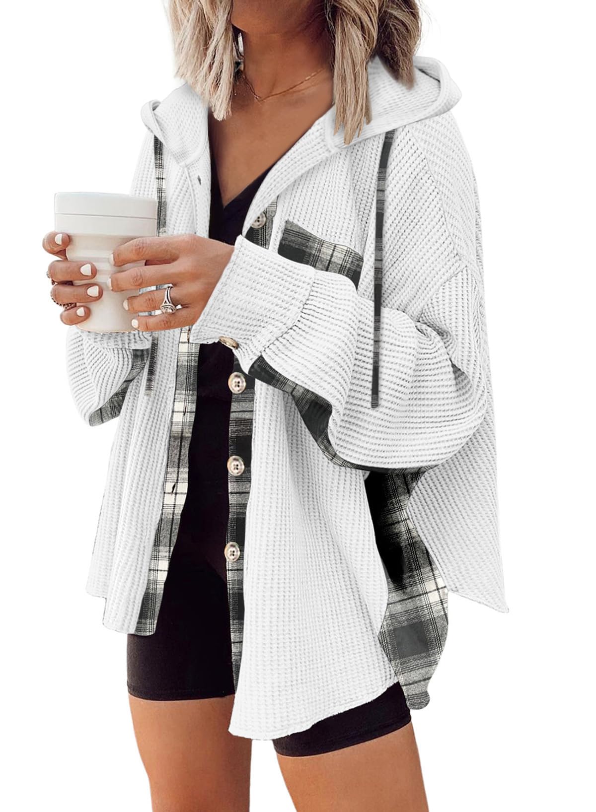 SHEWIN Women's Waffle Knit Plaid Shacket - Oversized Boyfriend Button Down Shirt with Hood, Long Sleeve Loose Fit Top | Casual Fall Outerwear, Layering Piece for Street Style & Cozy Loungewear