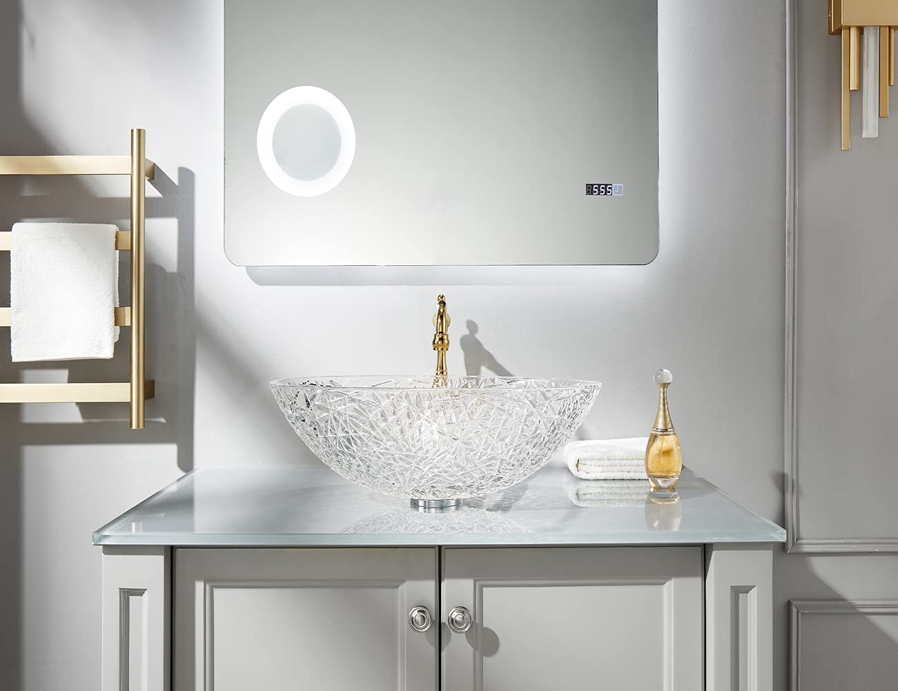 Premium Crystal Glass Vessel Sink - Oval Ice Clear Bathroom Vanity Countertop Sink with Pop-Up Drain | Glossy Surface Finish | Modern Luxury for Spa, Hotel & Upscale Home Bathrooms | FW-LA619