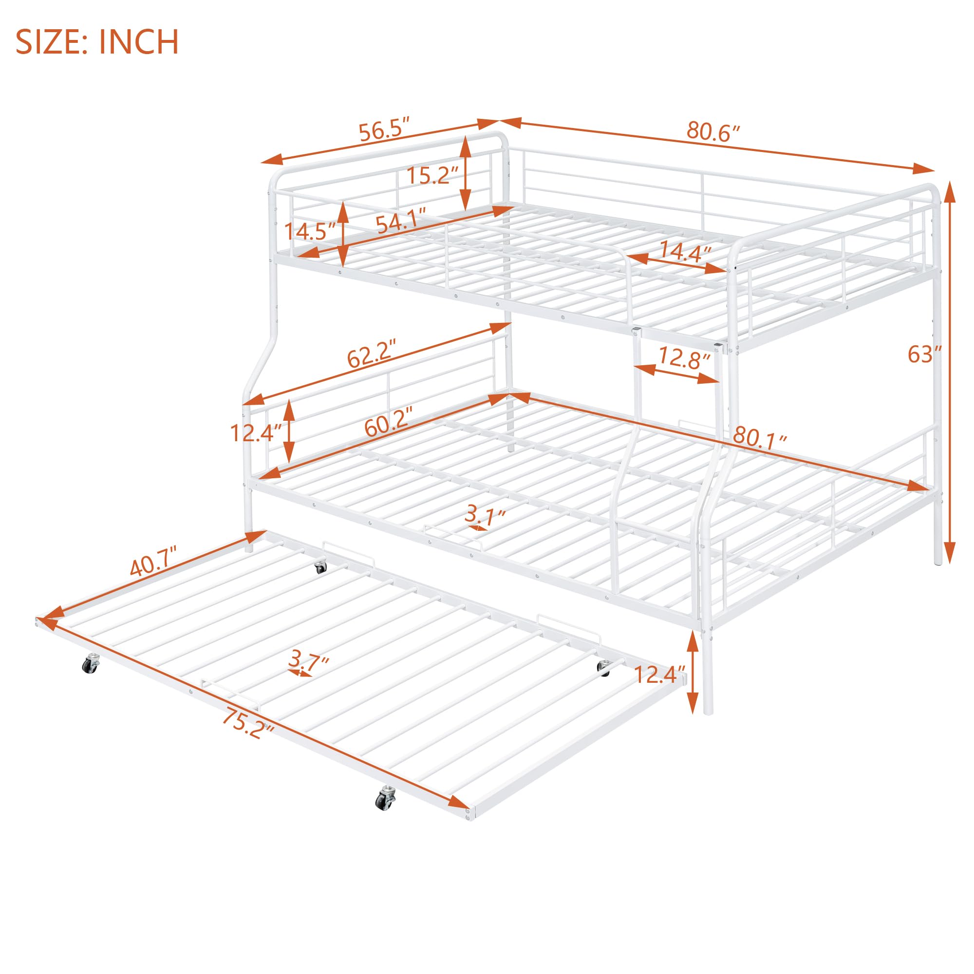 Merax Full XL Over Queen Metal Bunk Bed Frame with Twin Size Trundle & Full-Length Guardrails - Sturdy Space-Saving Bunk Bed for Teens, Kids, Boys & Girls - Perfect for Dorms, Guest Rooms & Small Bedrooms (White)