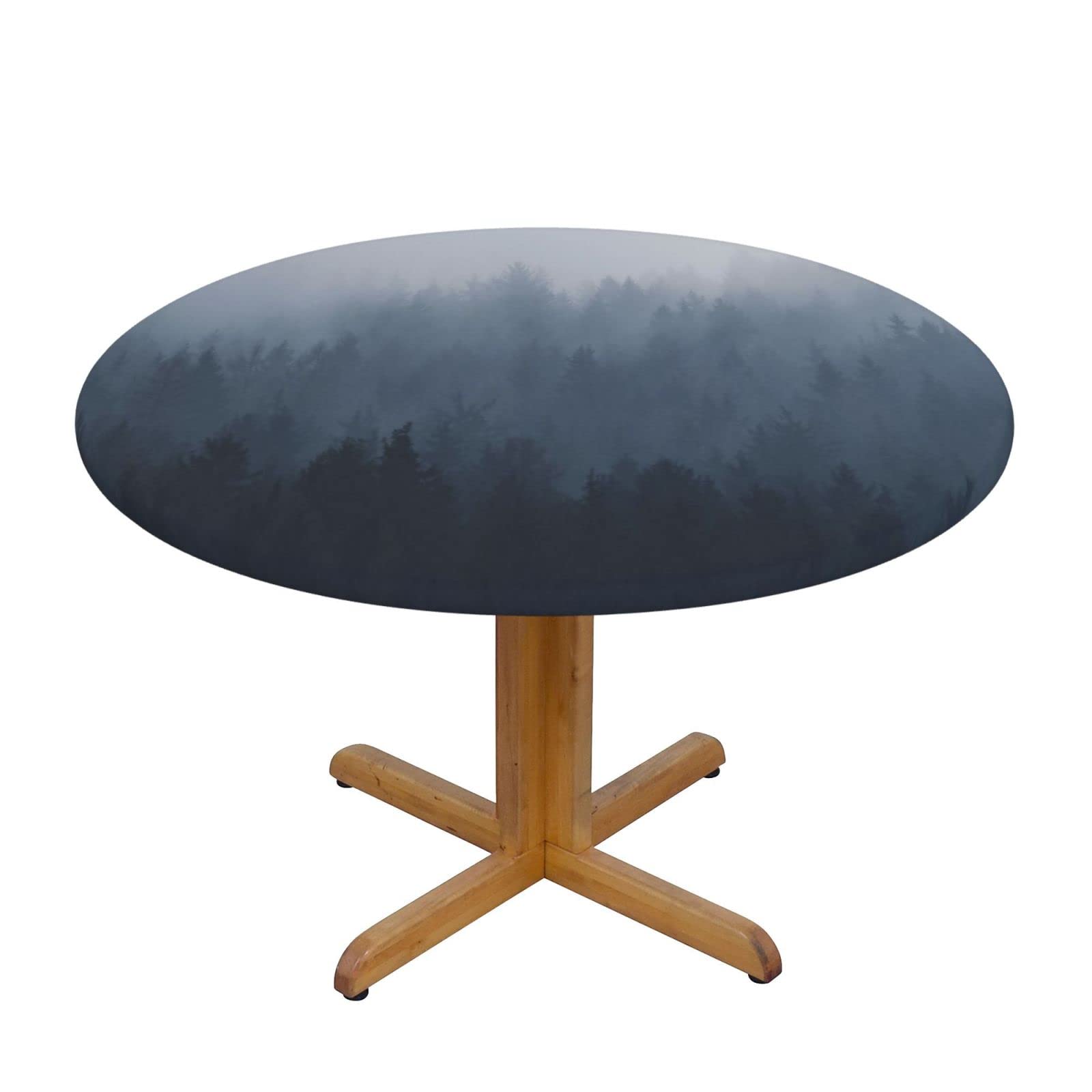 Waterproof Elastic Round Tablecloth - Misty Forest Design, Wipeable Table Cover for Indoor & Outdoor Use - Medium Size - Perfect for Dining, Picnics, and Party Decorations