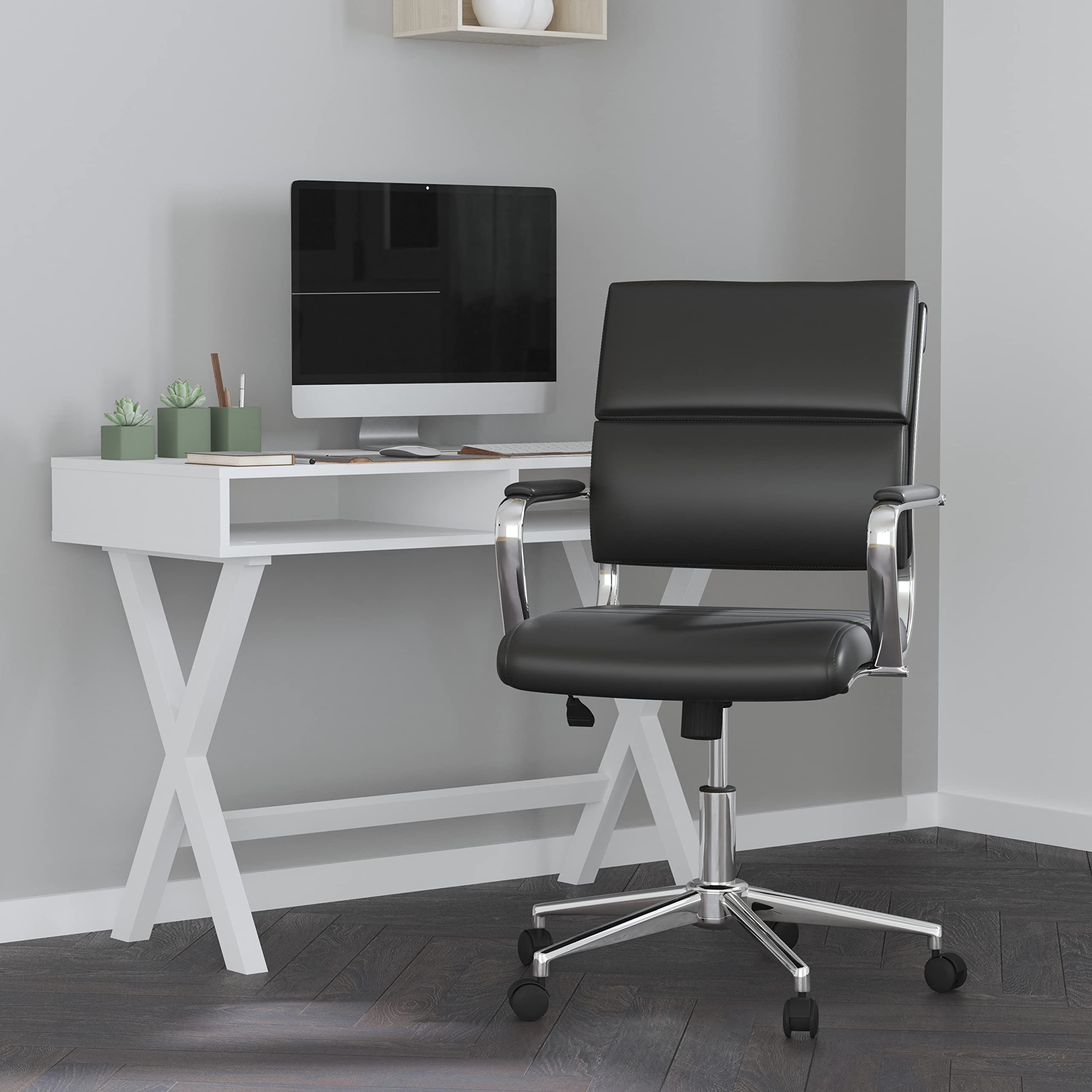 Merrick Lane McEntyre Mid-Back Ergonomic Office Chair - Faux Leather Executive Swivel Desk Chair with Adjustable Height & Padded Arms - Modern Panel Back Design for Home Office & Workspace Comfort