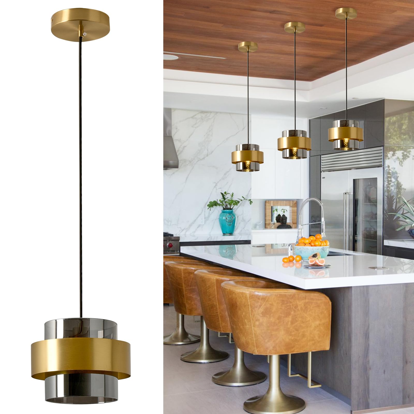 Gold Glass Pendant Light with Smoke Gray Shade - Mid Century Modern Kitchen Island Lighting for Dining Room, Bedroom, Living Room & Hallway | Perfect for Farmhouse, Industrial & Contemporary Decor