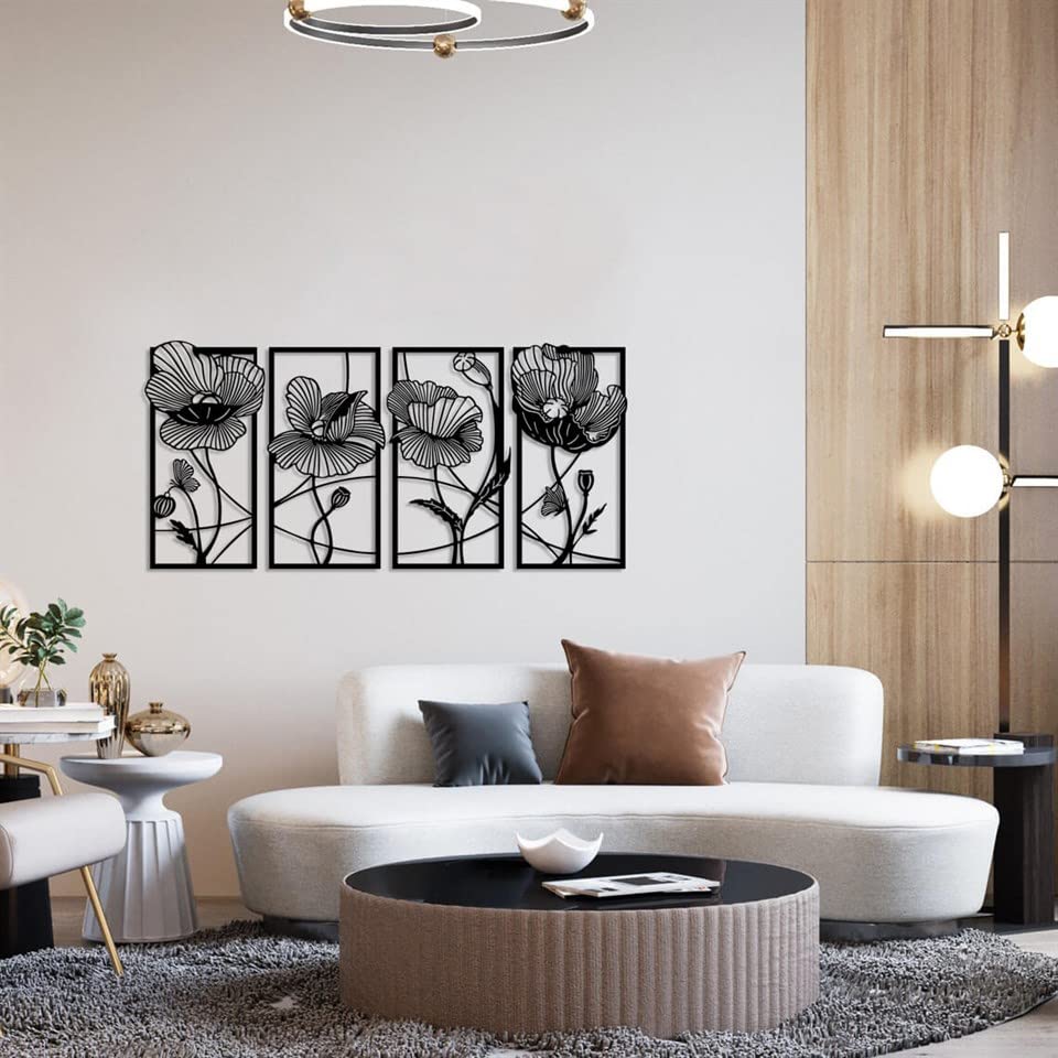 4 Piece Flower Metal Wall Art Set - Boho Modern Floral Decor for Living Room & Kitchen - 70.9