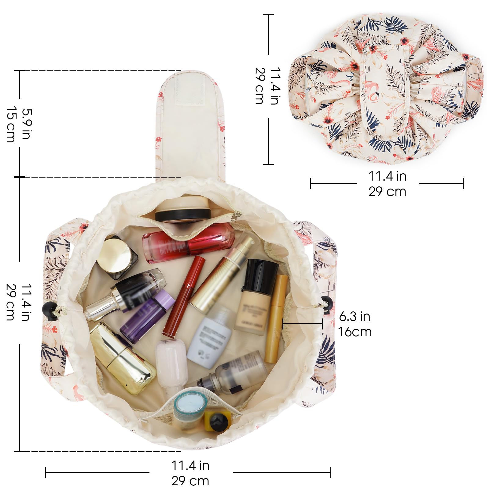 Floral Drawstring Makeup Bag for Women - Large Cosmetic & Toiletry Organizer with Patent Design (Beige Flamingo Print) - Perfect for Travel, Gym, and Daily Beauty Storage