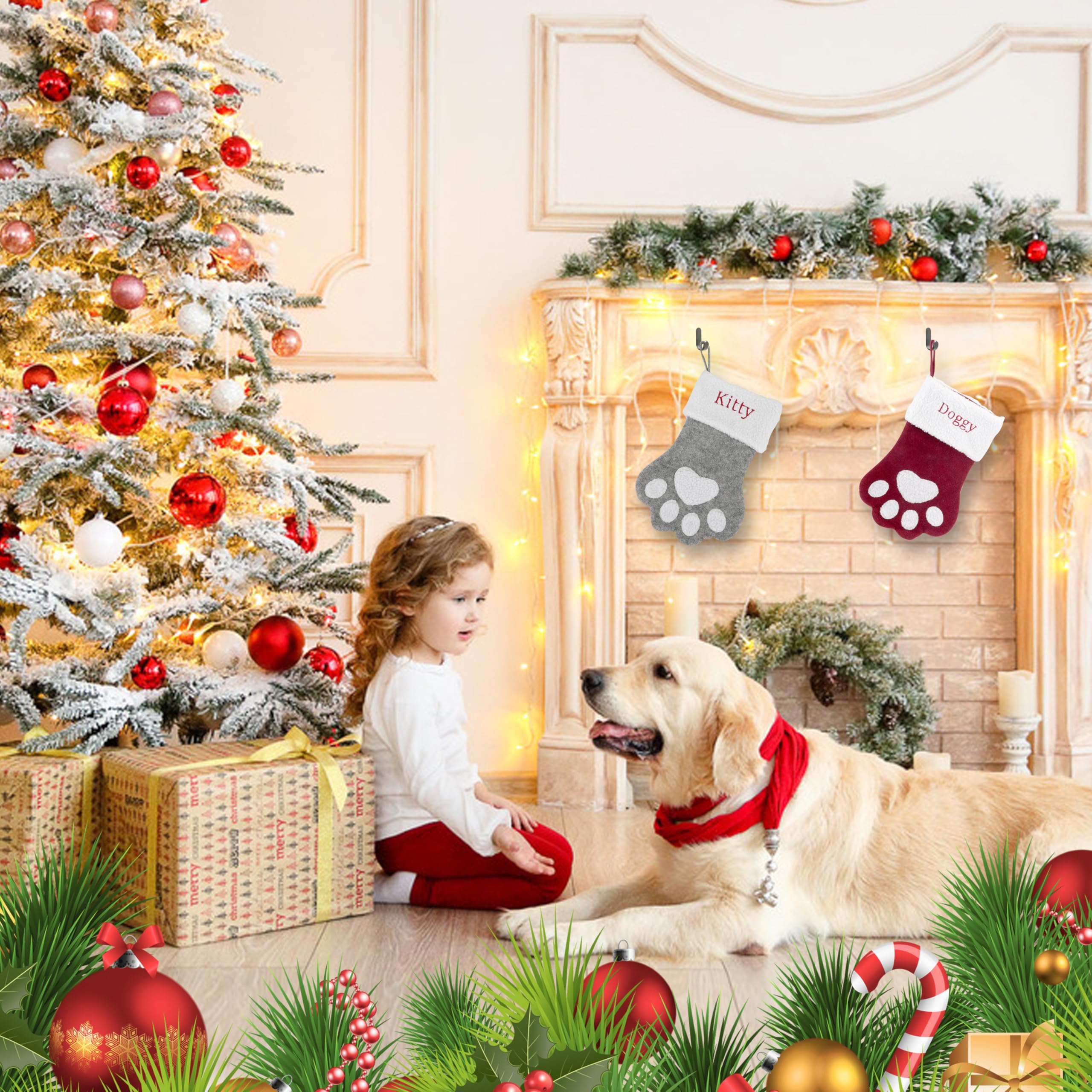 Personalized Embroidered Pet Christmas Stocking for Dogs & Cats - Large Custom Name Pet Stocking with Paw Design, Holiday Fireplace Hanging Decor (1 Piece) | Perfect for Family Christmas Celebrations & Pet Lover Gifts