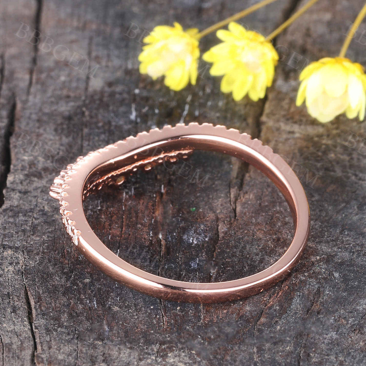 Rose Gold Diamond Curved Wedding Band - Art Deco V-Shaped Stacking Ring for Women - Chevron Crown Bridal Jewelry - Perfect for Engagement, Anniversary & Special Occasions