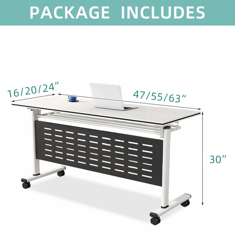 Foldable Conference Table with Wheels - Mobile Training & Seminar Table for Office, Meeting Room, Classroom - White Top & Black Base (47×20×30in) - Perfect for Small Spaces, Quick Setup & Multi-Purpose Use