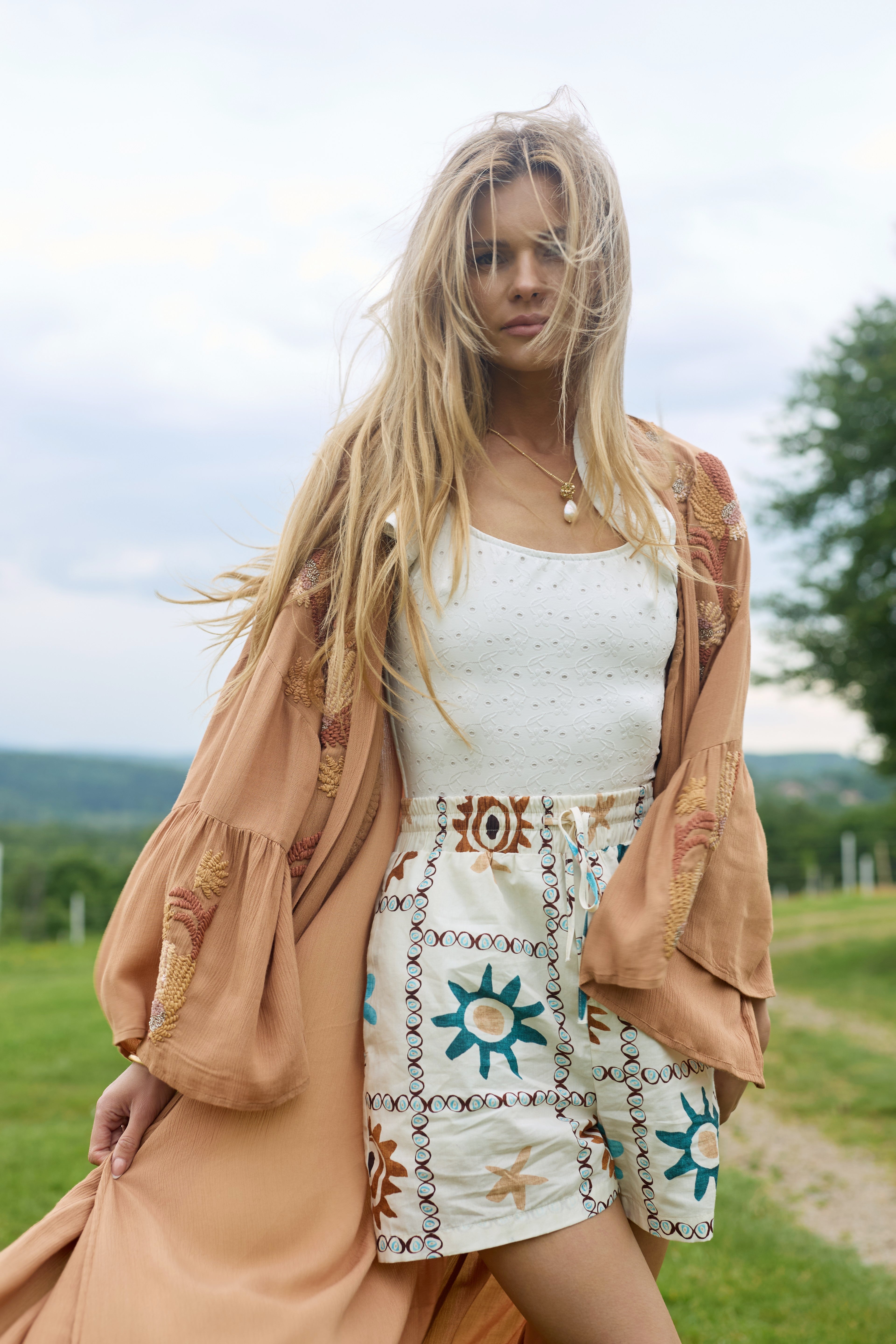 Floral Embellished Long Kimono Robe - Elegant Boho Cover Up for Women - Perfect for Beach, Pool, Vacation & Loungewear