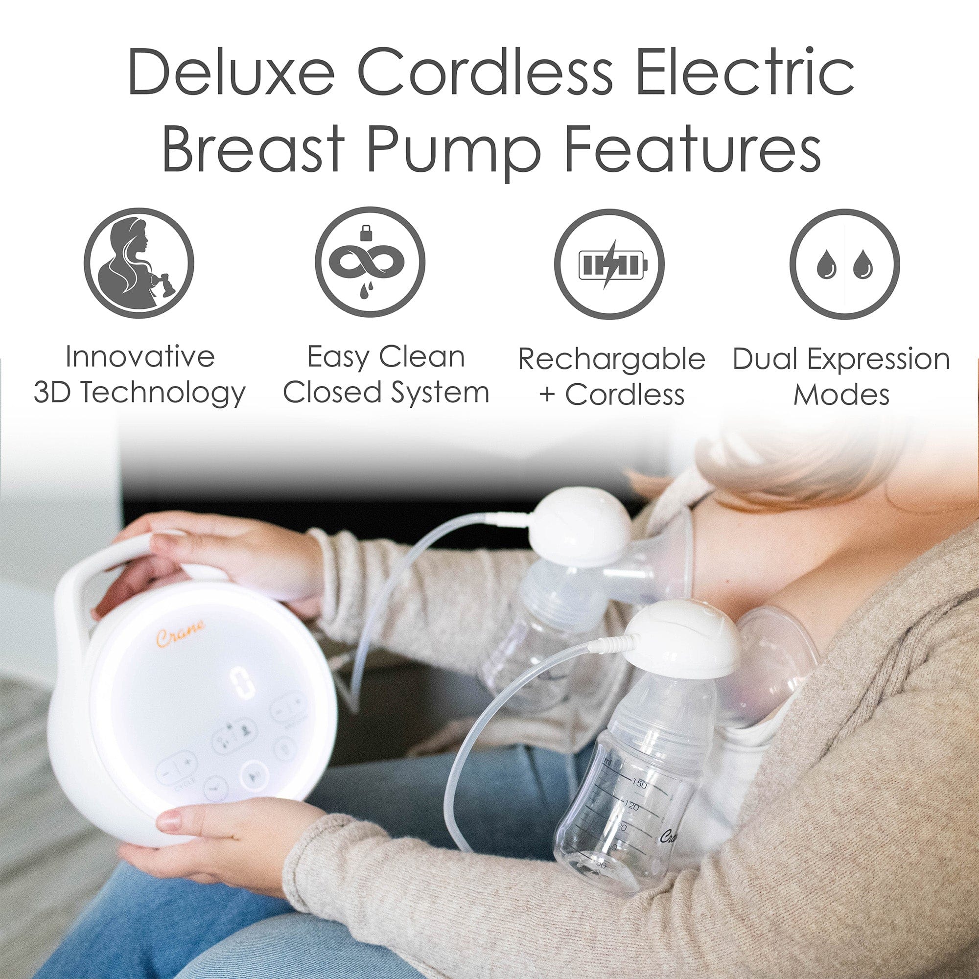 Hospital Grade Crane Rechargeable Breast Pump - Hands-Free Electric Breast Pump for Nursing Moms, Portable & Quiet for Work, Travel, and On-the-Go Pumping
