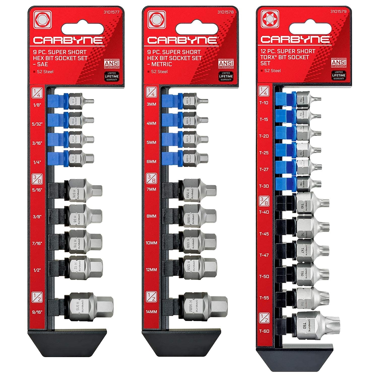 CARBYNE 3 Super Short Bit Socket Set - 9-Piece SAE Hex, 9-Piece Metric Hex & 12-Piece Torx Bit Set for Tight Spaces | Perfect for Automotive Repair, DIY Projects, and Professional Mechanics