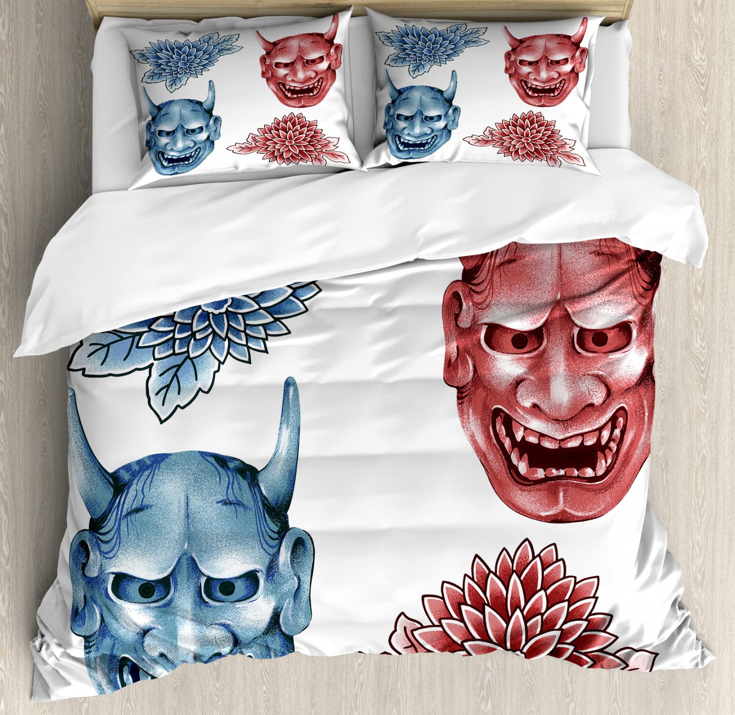 Ambesonne Kabuki Duvet Cover Set - Japanese Demoness Floral Art King Size Bedding (2 Duvet Covers + 4 Pillowcases) - Blue, Red & White - Perfect for Themed Bedrooms, Anime Lovers & Unique Home Decor