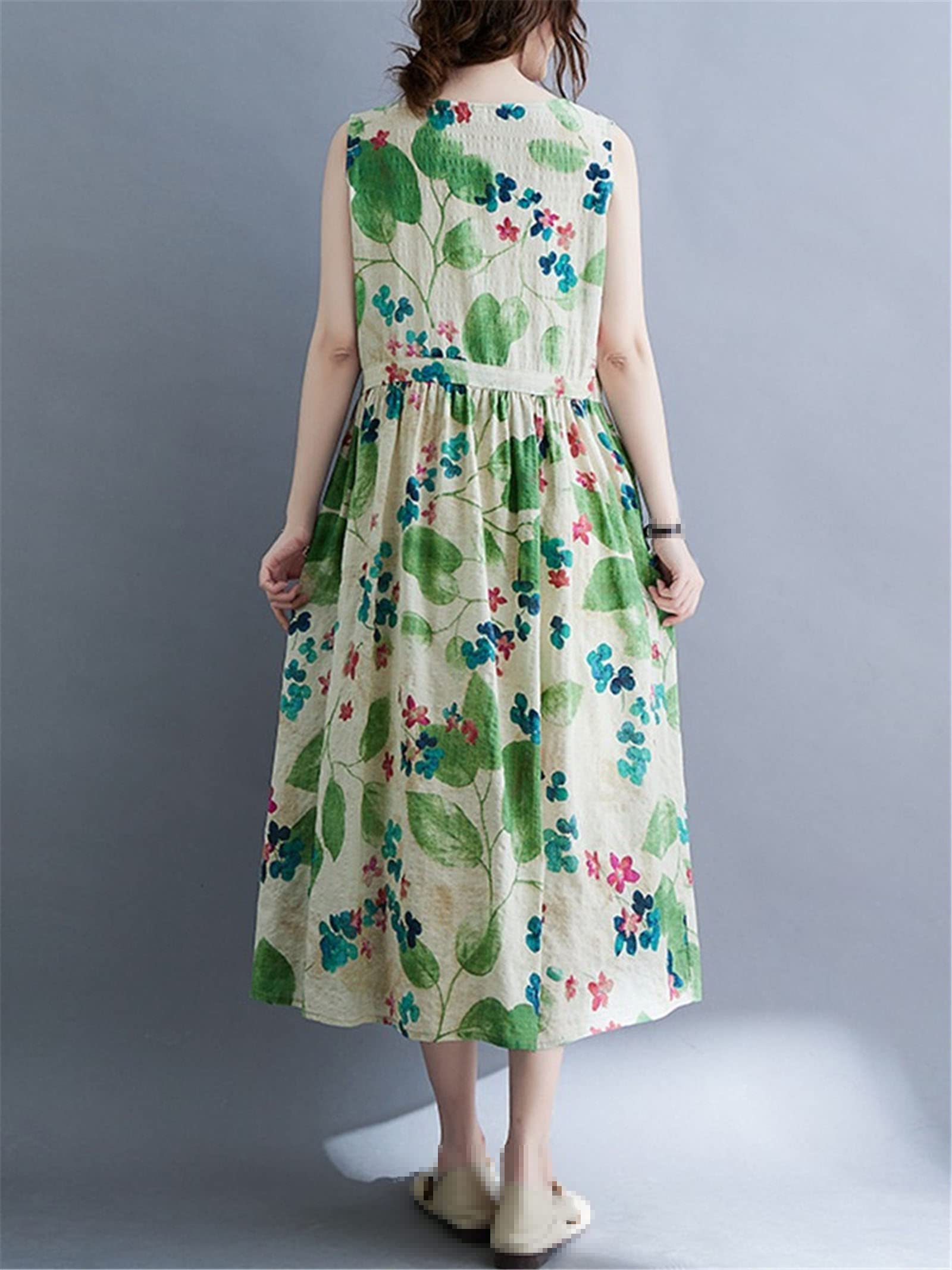 Women's Vintage Floral Sleeveless Cotton Linen Dress - Casual Loose Long Summer Dress with Adjustable Straps | Perfect for Beach Vacations, Garden Parties & Boho Style Outfits