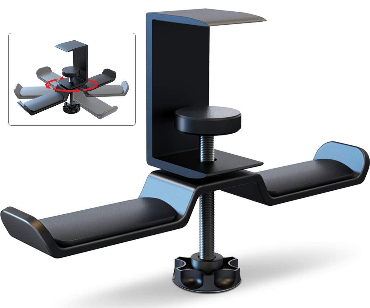 APPHOME Dual Under Desk Headphone Stand - 360° Rotating Aluminum Gaming Headset Holder with Clamp Hook | Universal Fit for All Headphones | Space Saving Design | Perfect for Gaming Setup, Home Office & Studio (Black)