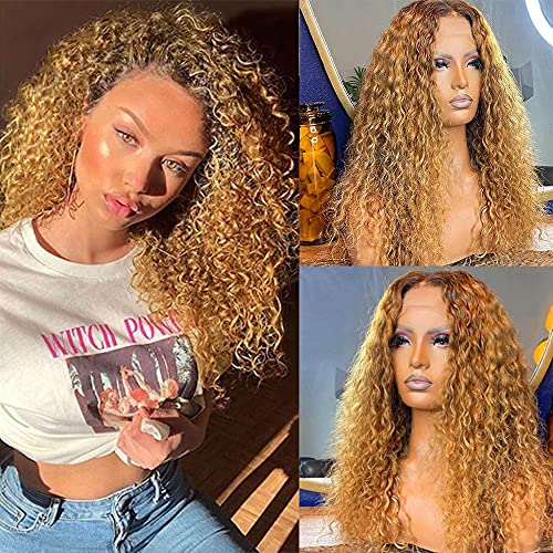 Imeya 13x6 HD Lace Front Wig - 20 Inch Honey Blonde Ombre Human Hair Wig with Curly Wave #27, Pre-Plucked Hairline & 150% Density for Women | Glueless Deep Part, Natural Baby Hair | Perfect for Daily Wear, Cosplay & Special Occasions