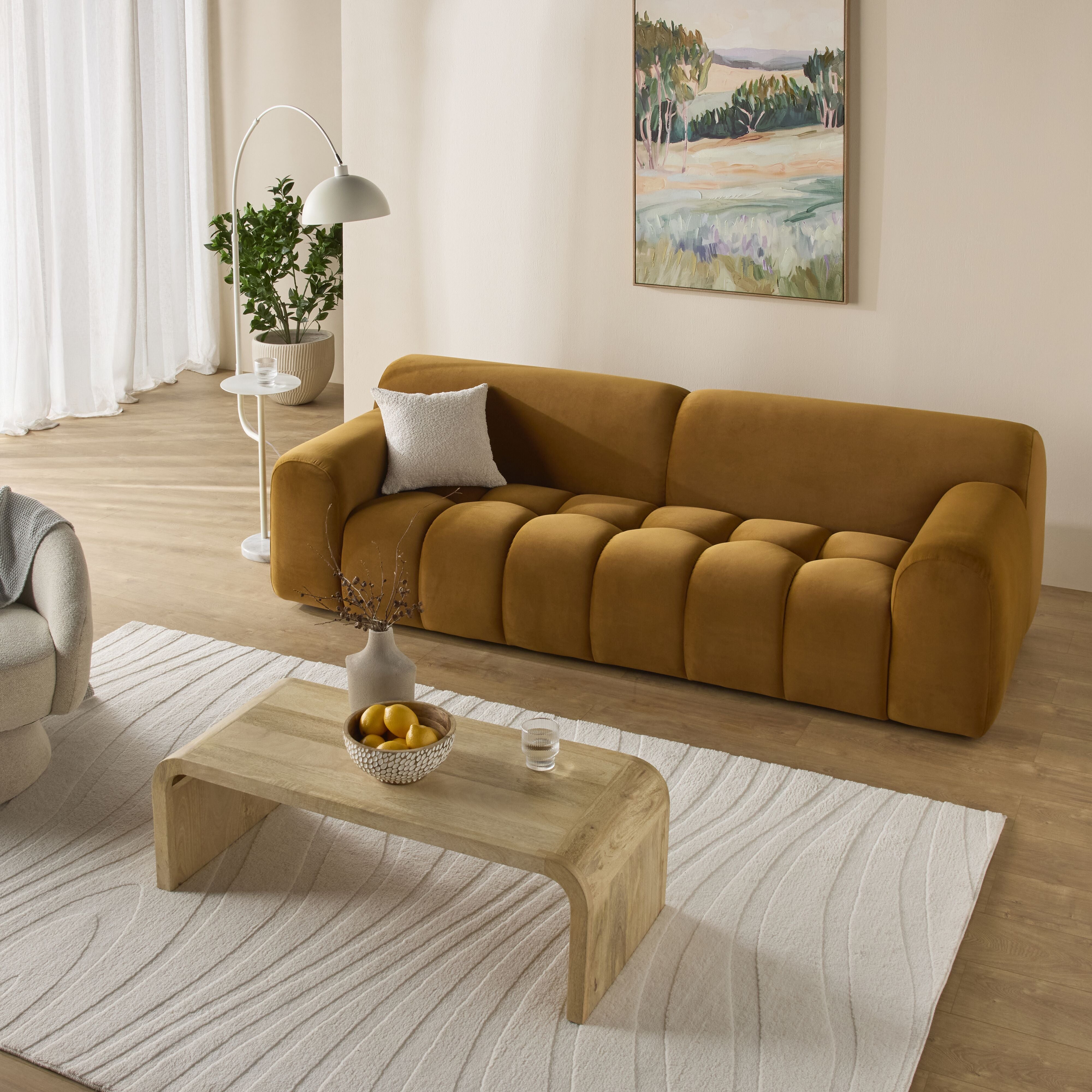 Alexis 2.5 Seater Velvet Sofa in Ochre - Luxurious Small Space Living Room Furniture for Apartments & Cozy Homes