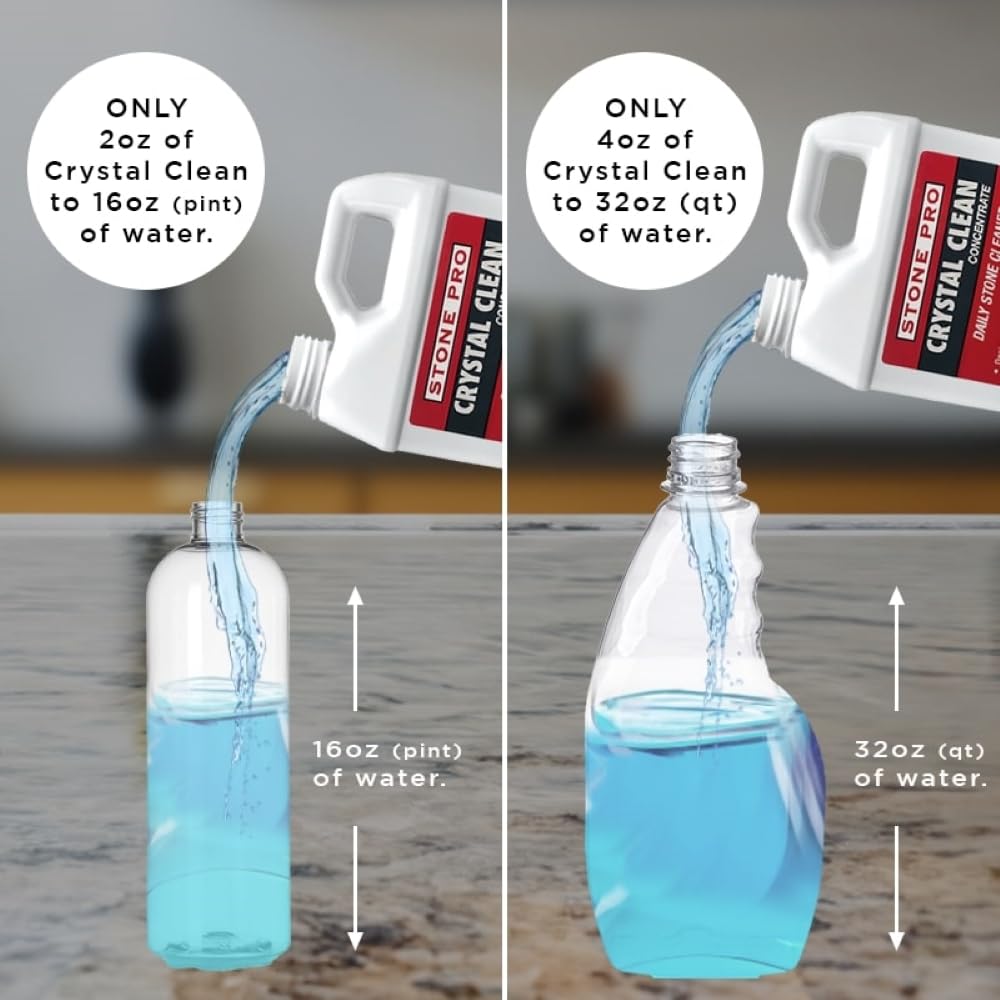 Stone Pro Crystal Clean - Premium Surface Cleaner & Sealer Concentrate (32 oz Quart) for Granite, Marble, Quartz Countertops - Perfect for Kitchen, Bathroom & Outdoor Stone Surfaces