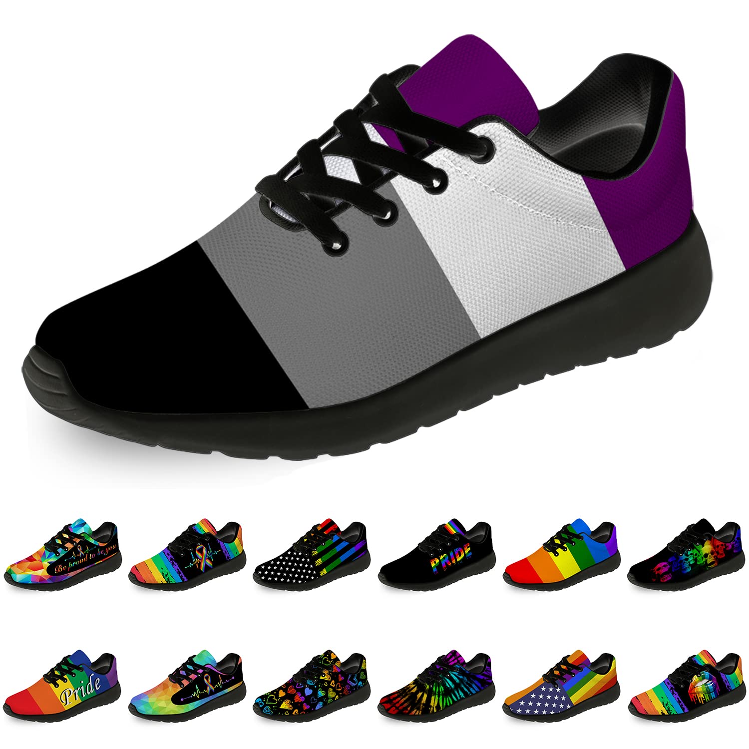 Unisex LGBTQ+ Pride Running Shoes - Comfortable Walking & Tennis Sneakers with Asexual Flag Design - Size 12 Men/15 Women in Black - Perfect for Pride Events, Daily Wear & Supportive Gifts
