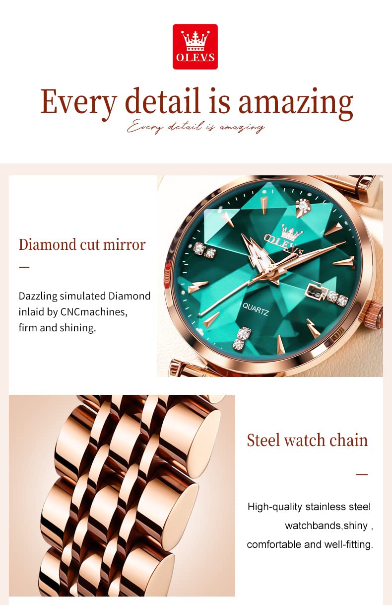 OLEVS Women's Luxury Rose Gold Diamond Analog Quartz Watch - Stainless Steel, Luminous, Waterproof with Date - Perfect for Dressy Occasions, Office & Everyday Wear