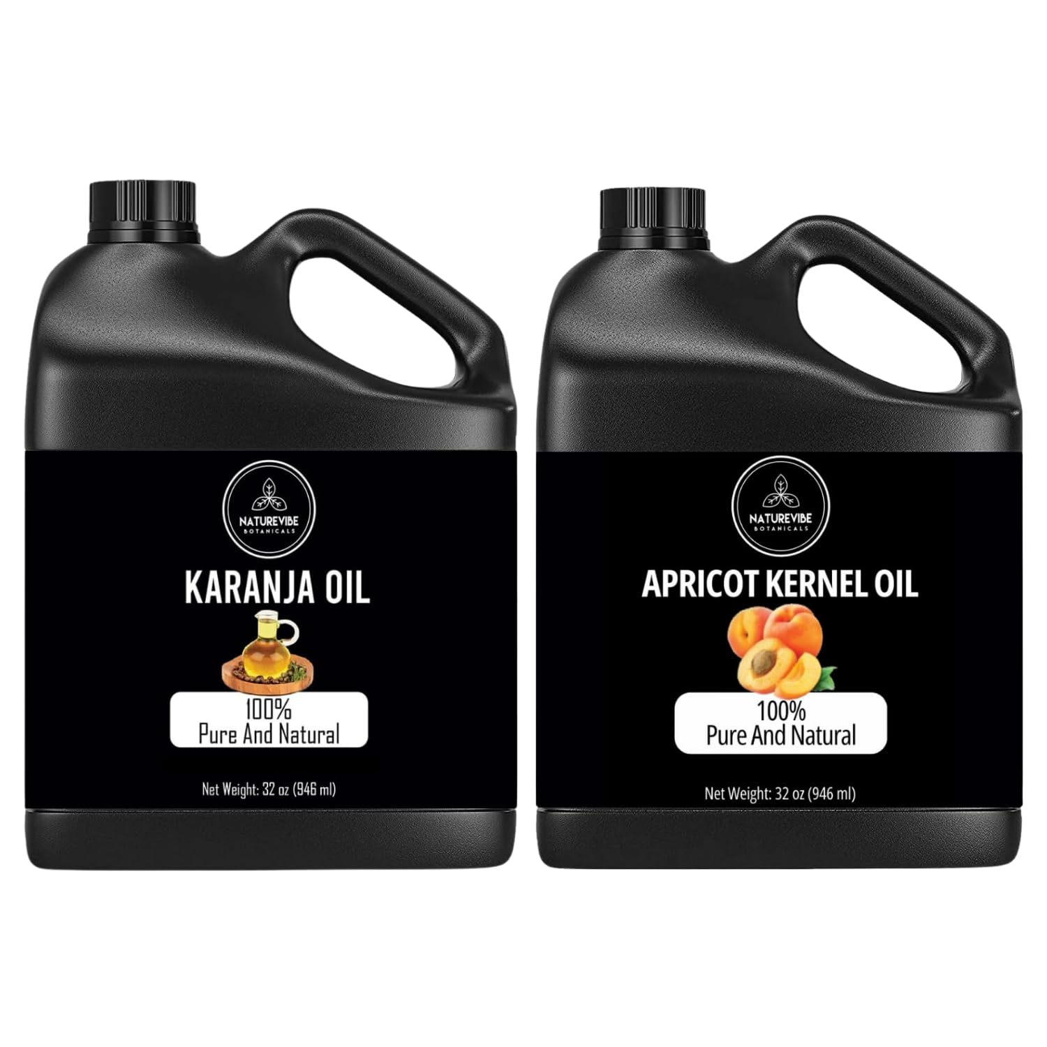 Naturevibe Botanicals Organic Karanja Oil & Apricot Oil Combo - 32oz Each | Cold Pressed, Pure Carrier Oils for Hair, Skin & Massage | DIY Beauty & Aromatherapy Essential Oil Blends