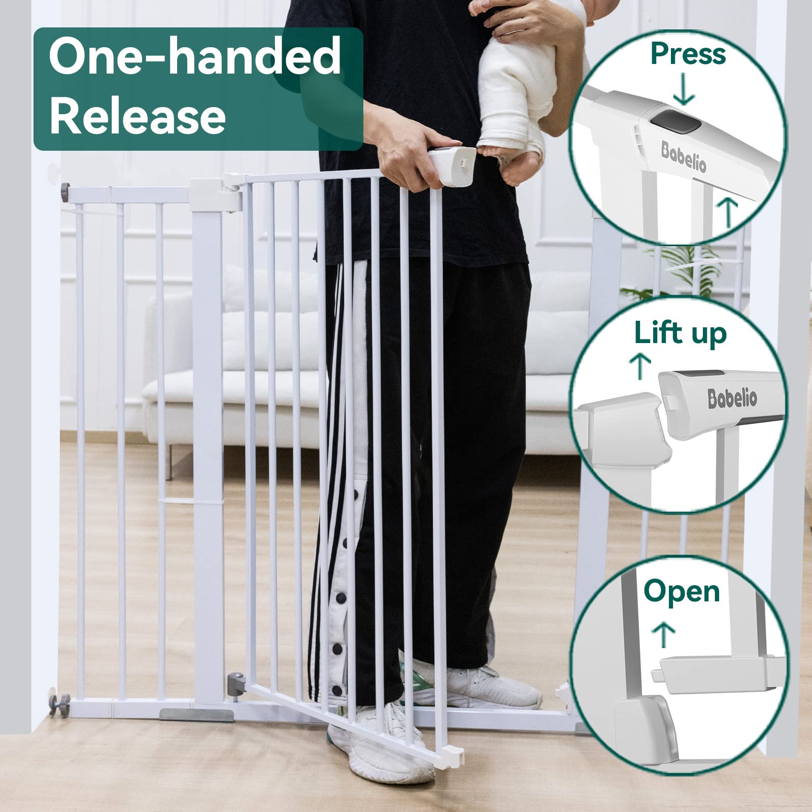 BABELIO 36 Inch Extra Tall Metal Baby Gate - Pressure Mounted Dog Gate for Stairs, Doorways & Hallways - Easy Walk Through Pet & Child Safety Gate with 2 Y-Spindle Rods (White) | Mom's Choice Award Winner | Perfect for Staircases, Room Dividers & Pet Containment Areas