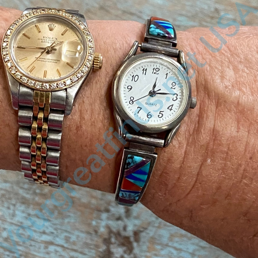 Vintage Navajo Sterling Silver Watch Band with Channel Inlay by Earl Plummer - Handcrafted Jewelry for Men & Women, Perfect for Western & Boho Fashion